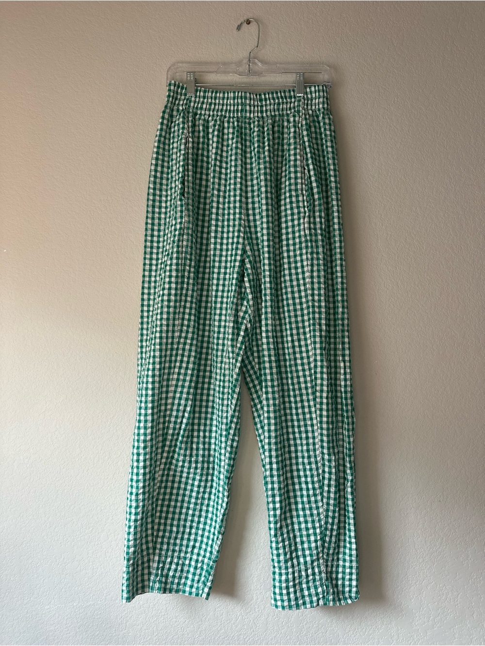 Free People Preppy Gingham Pull On Pants in Green 100% Cotton Size Small EUC